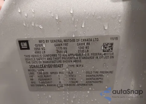 2016 Chevrolet Equinox Lt из США, поврежденный, VIN 2GNALCEK1G6180427